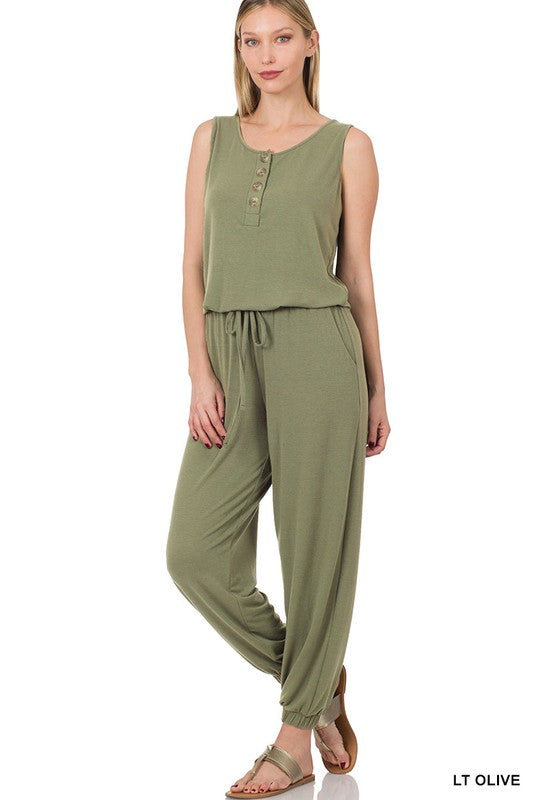 Button Top Sleeveless Jumpsuit: Small-XL
