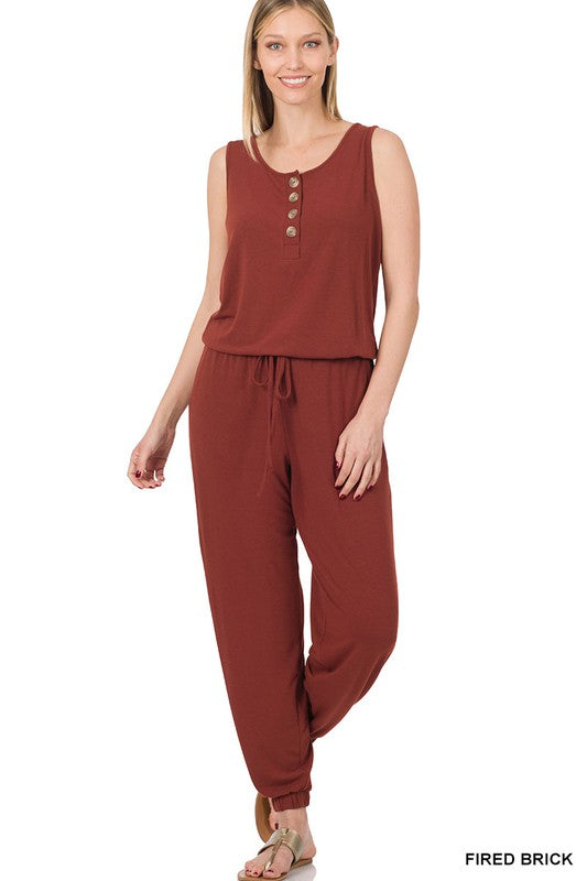 Button Top Sleeveless Jumpsuit: Small-XL