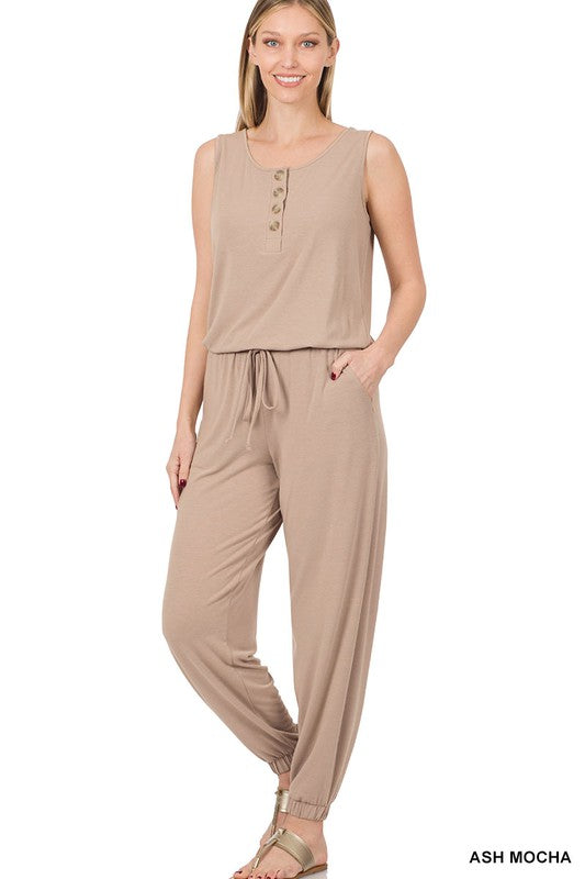 Button Top Sleeveless Jumpsuit: Small-XL
