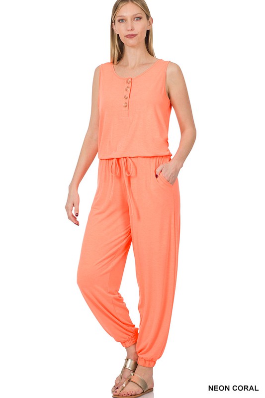 Button Top Sleeveless Jumpsuit: Small-XL