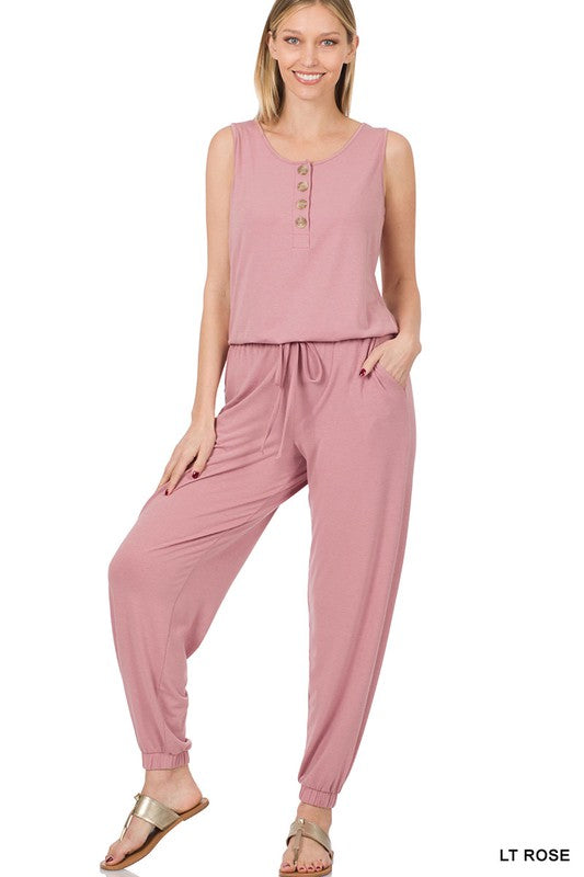 Button Top Sleeveless Jumpsuit: Small-XL