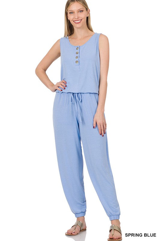 Button Top Sleeveless Jumpsuit: Small-XL