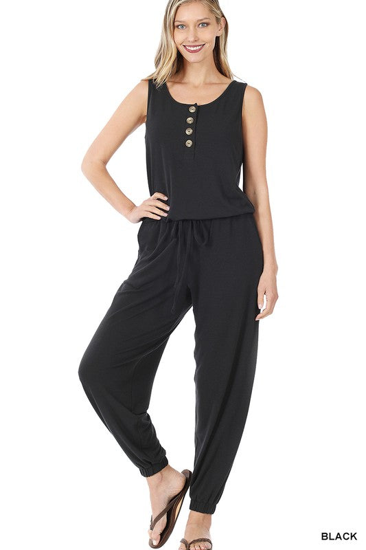 Button Top Sleeveless Jumpsuit: Small-XL