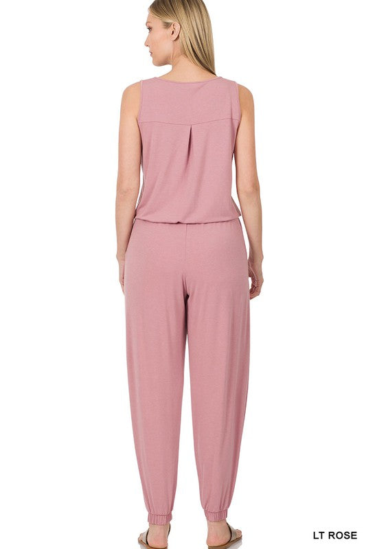 Button Top Sleeveless Jumpsuit: Small-XL
