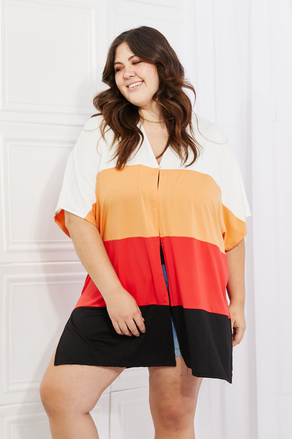Culture Code Full Size Color Block Short Sleeve Cardigan