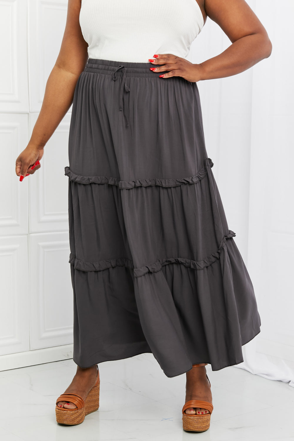Zenana Summer Days Ruffled Maxi Skirt in Ash Grey
