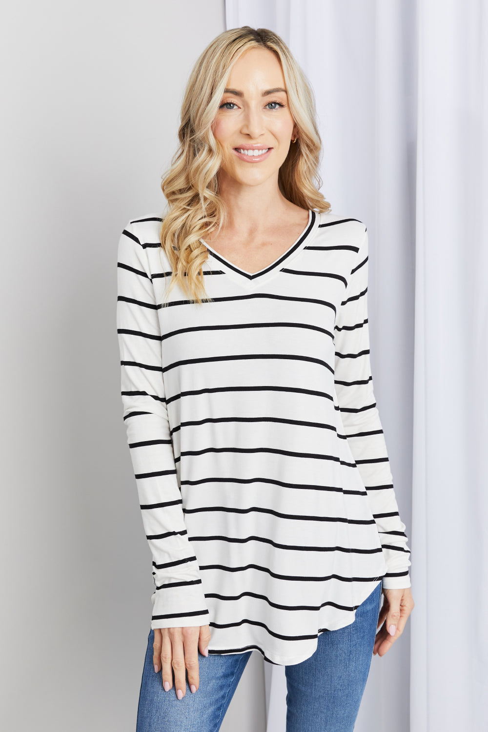 Zenana Striped V-Neck Long Sleeve Top