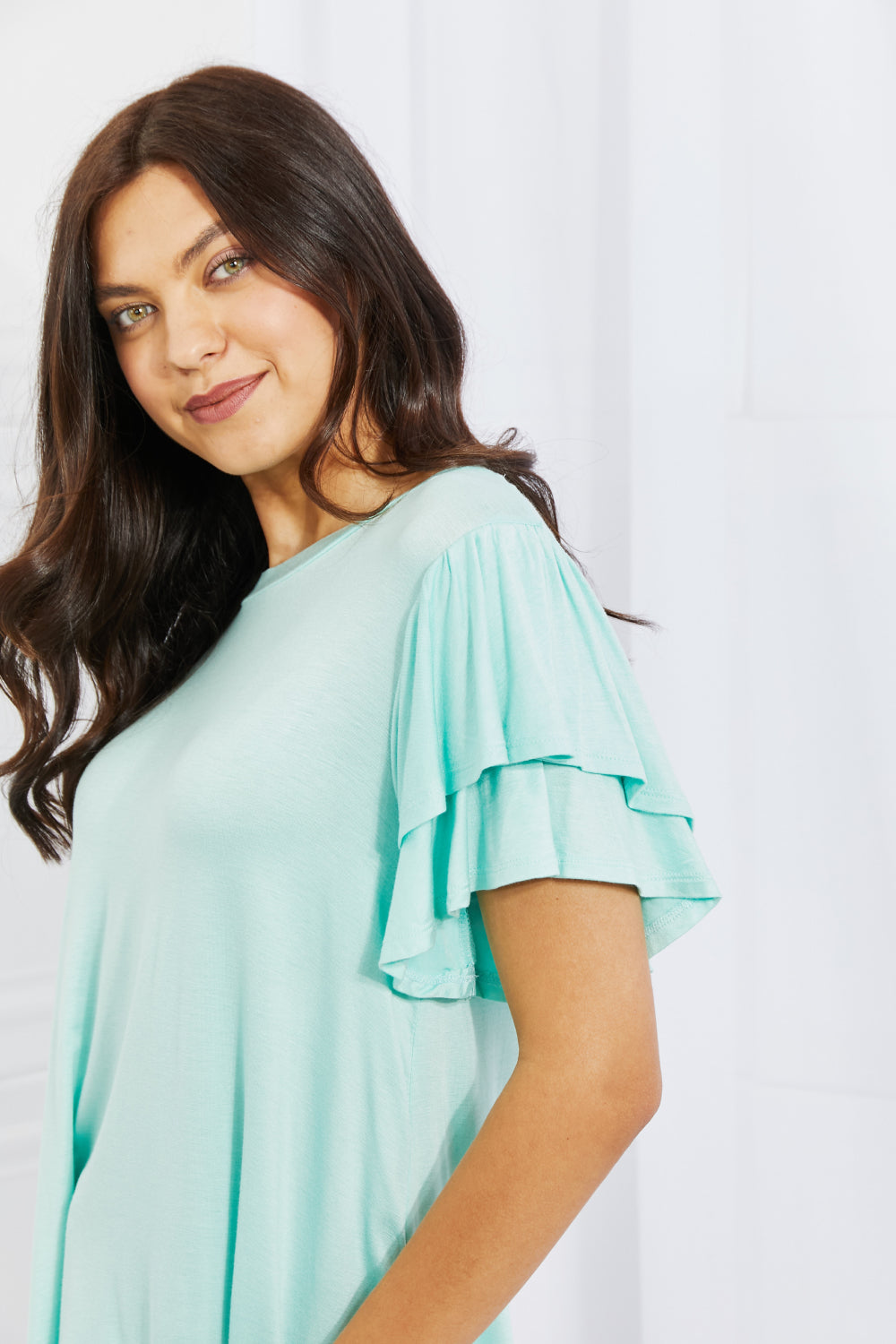 Culture Code Mi Amor Full Size Round Neck Ruffle Sleeve Top in Blue