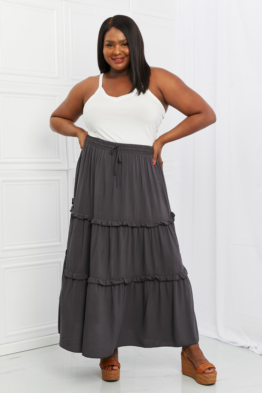 Zenana Summer Days Ruffled Maxi Skirt in Ash Grey