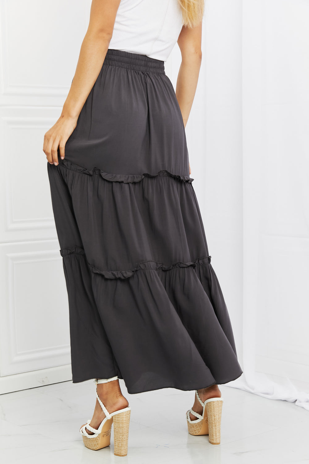 Zenana Summer Days Ruffled Maxi Skirt in Ash Grey