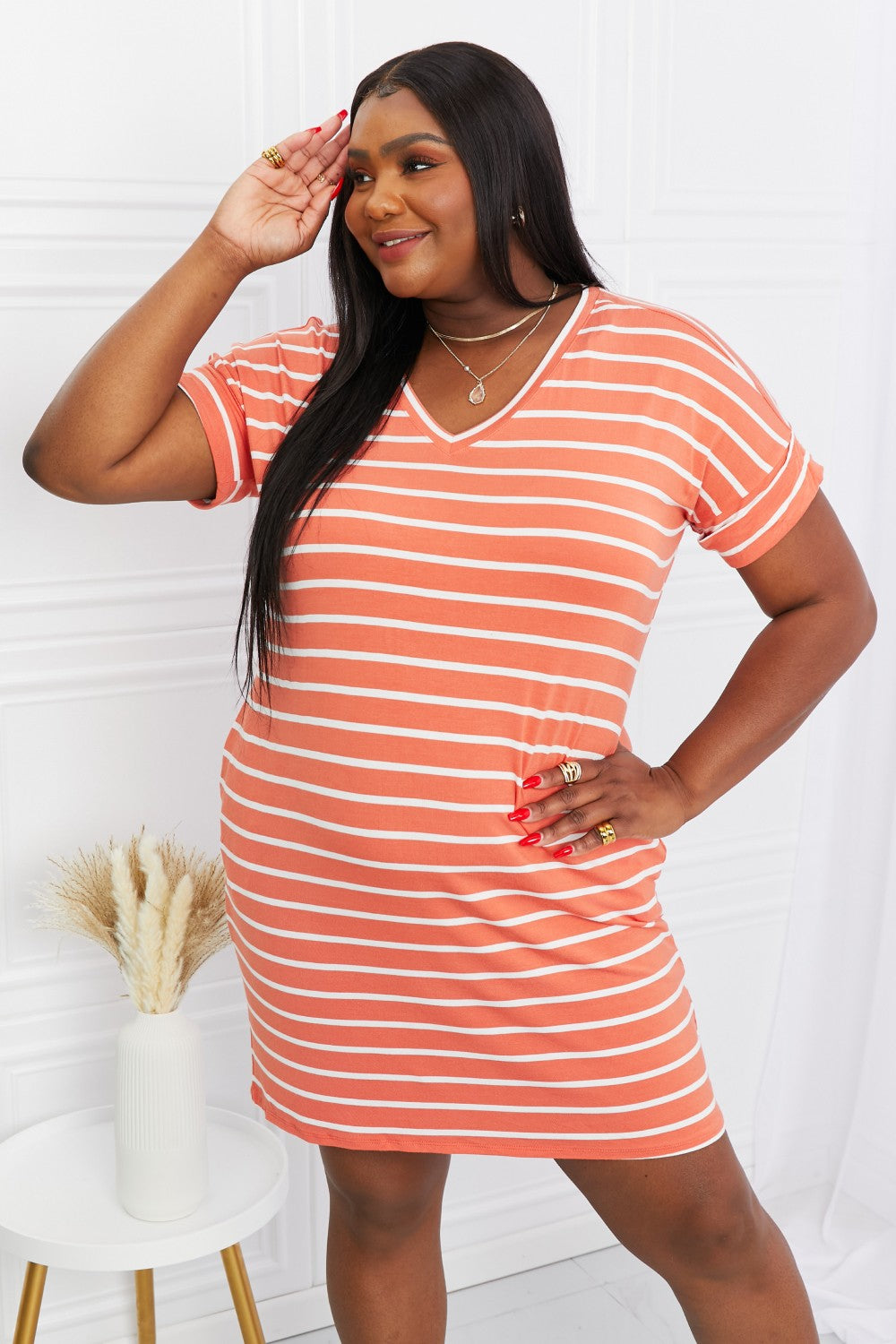 Zenana Striped V-Neck Pocket Dress