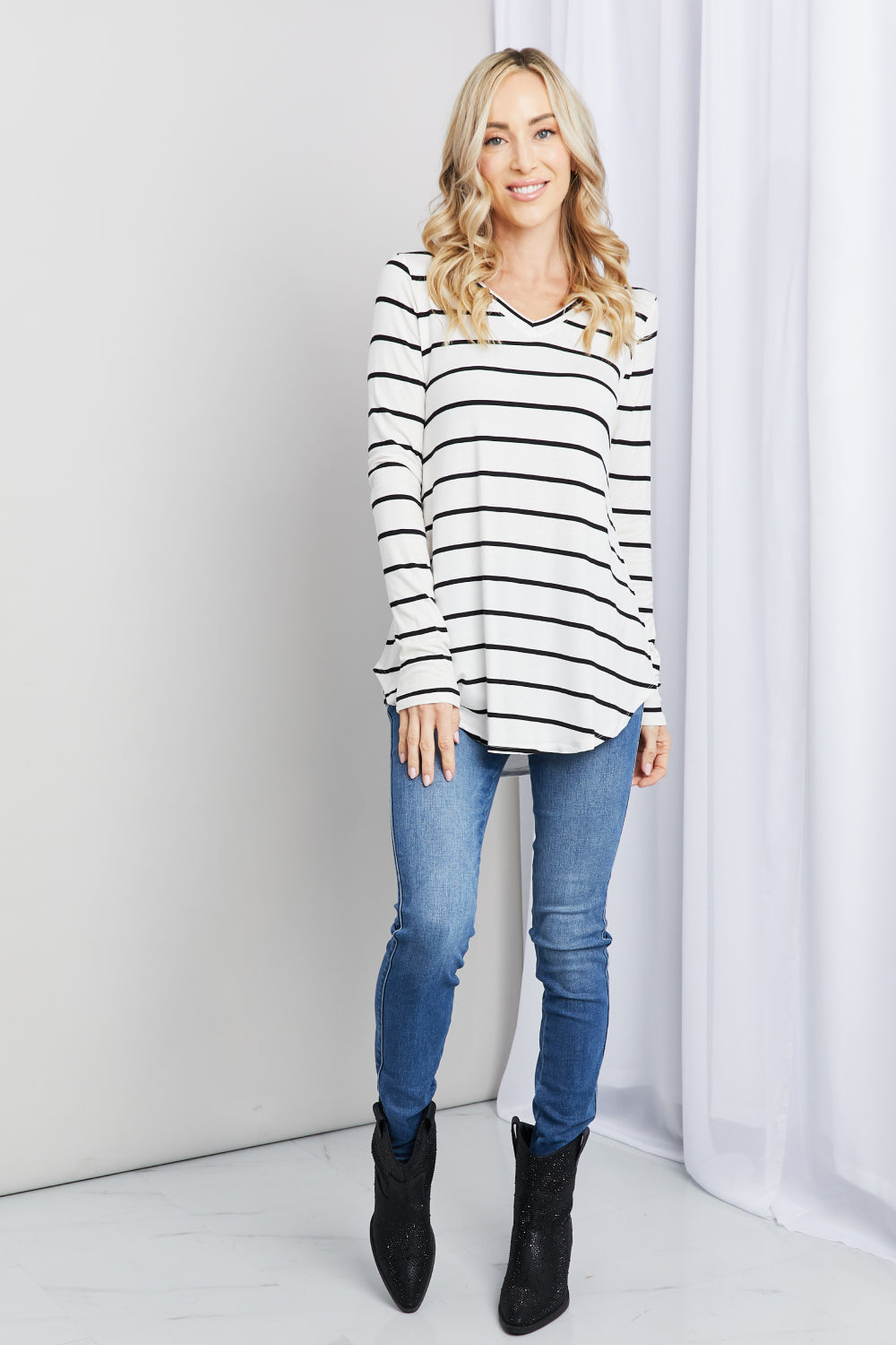 Zenana Striped V-Neck Long Sleeve Top