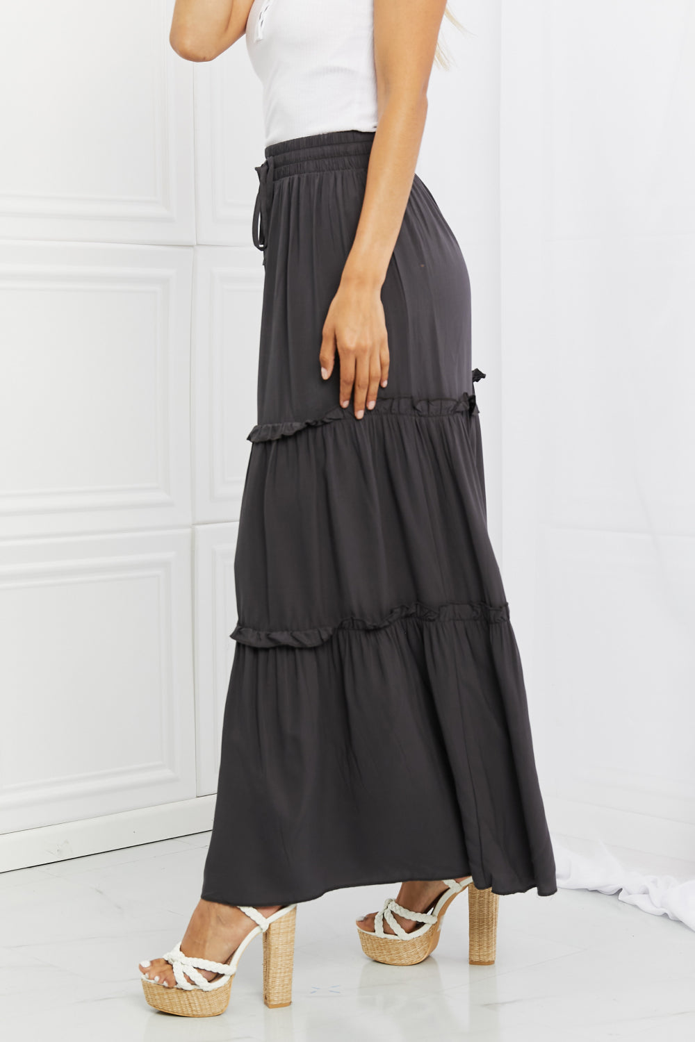 Zenana Summer Days Ruffled Maxi Skirt in Ash Grey