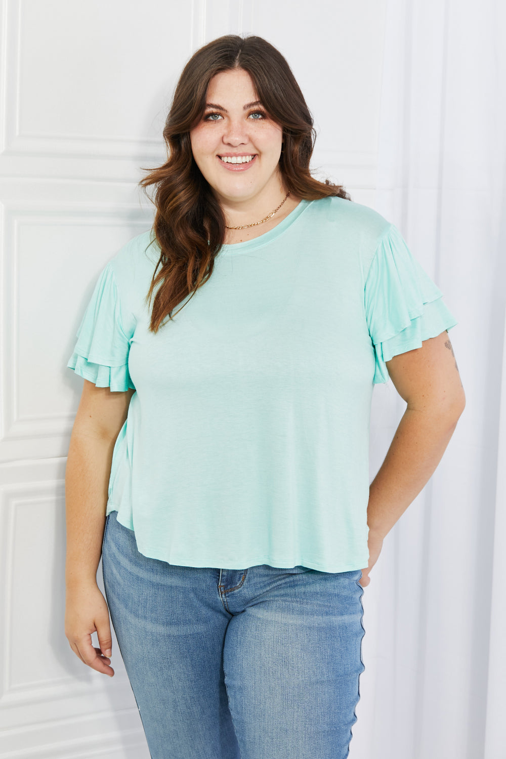 Culture Code Mi Amor Full Size Round Neck Ruffle Sleeve Top in Blue