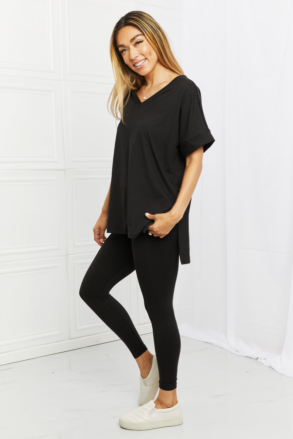 Zenana Self Love Brushed DTY Microfiber Lounge Set in Black