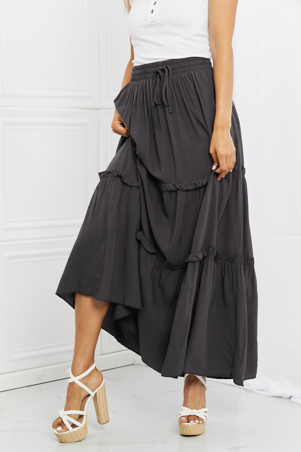 Zenana Summer Days Ruffled Maxi Skirt in Ash Grey