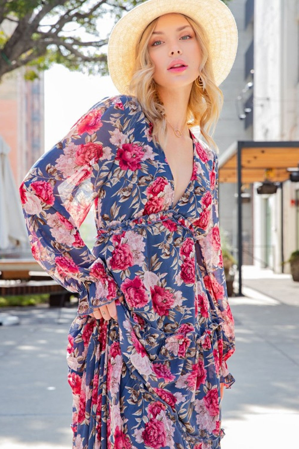 ee:some Floral Frill Trill Deep V Maxi Dress