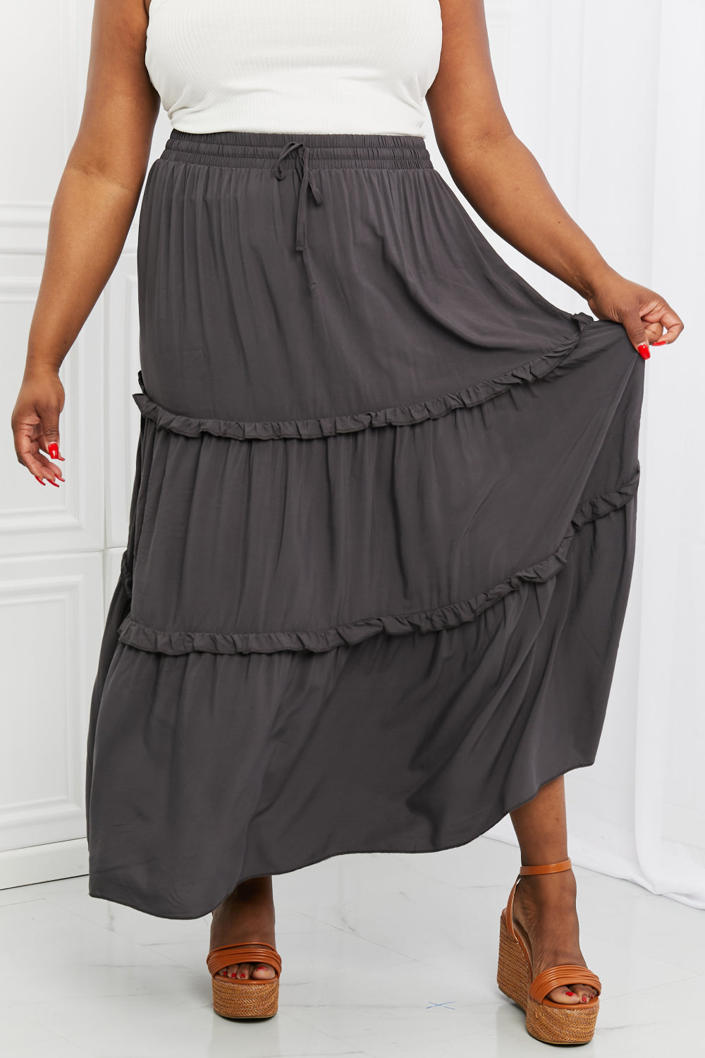 Zenana Summer Days Ruffled Maxi Skirt in Ash Grey