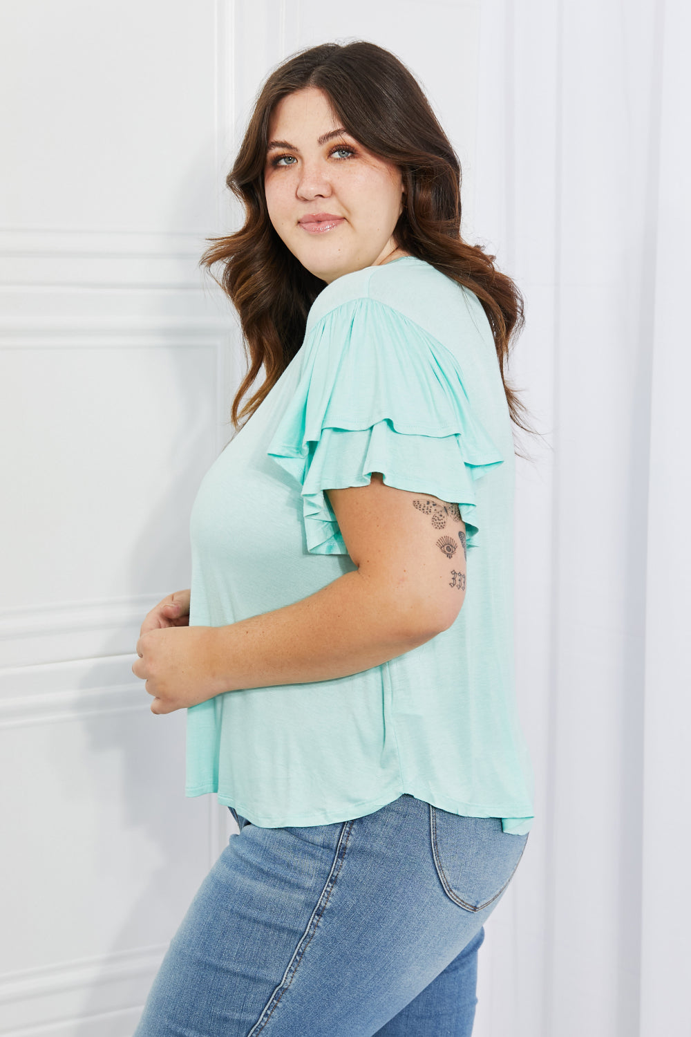 Culture Code Mi Amor Full Size Round Neck Ruffle Sleeve Top in Blue