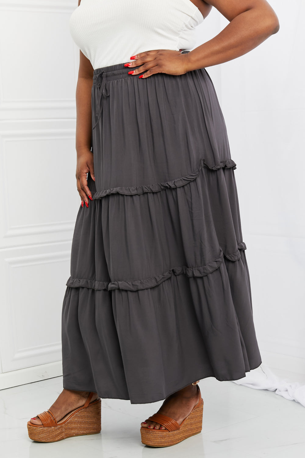 Zenana Summer Days Ruffled Maxi Skirt in Ash Grey