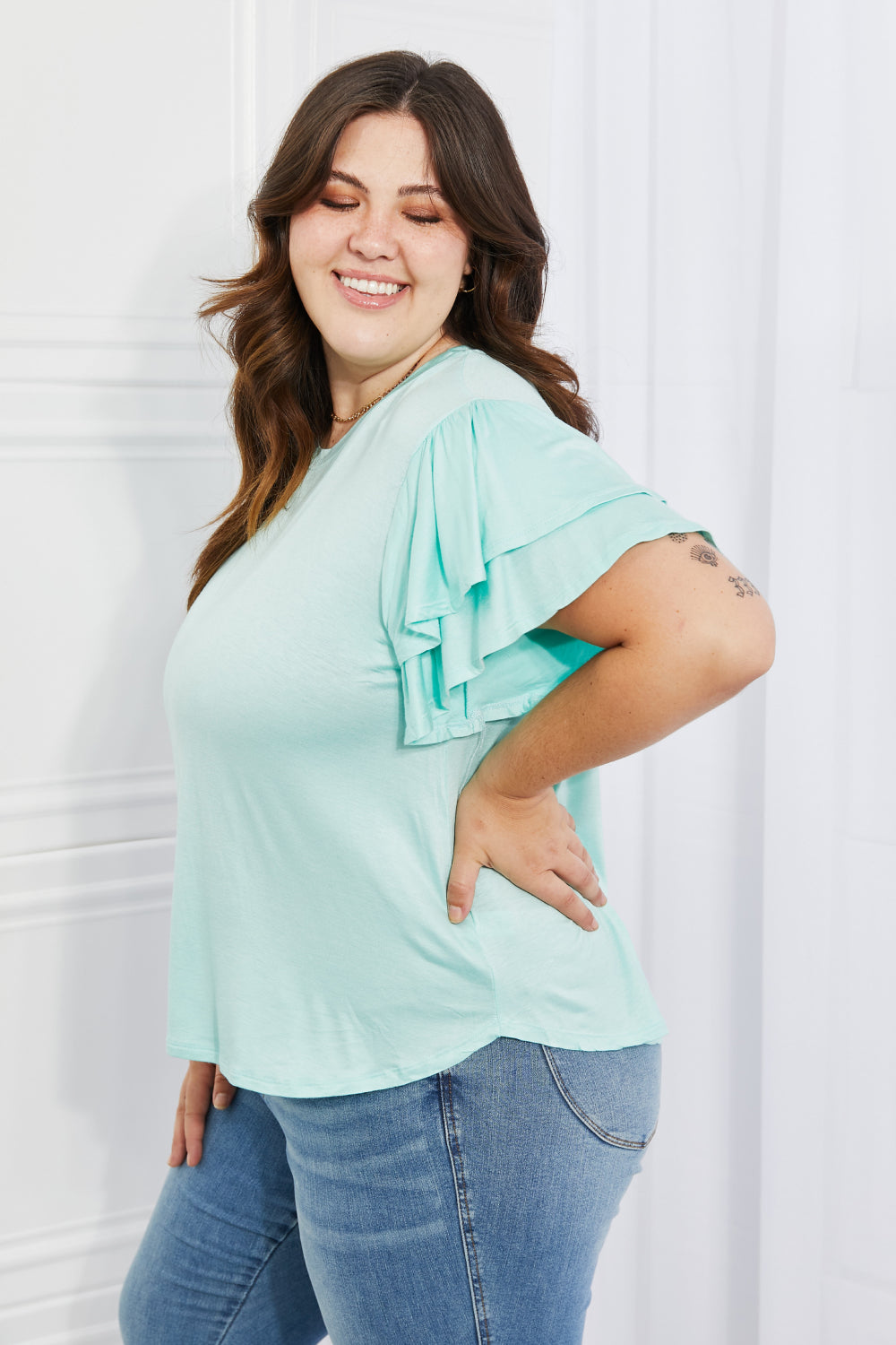 Culture Code Mi Amor Full Size Round Neck Ruffle Sleeve Top in Blue