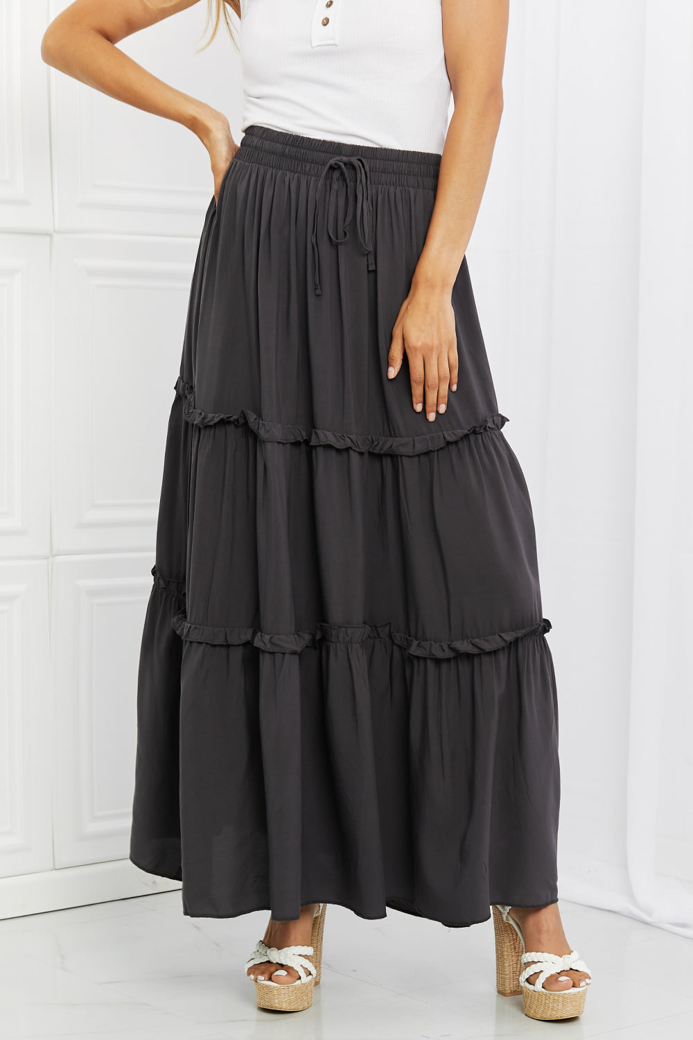 Zenana Summer Days Ruffled Maxi Skirt in Ash Grey