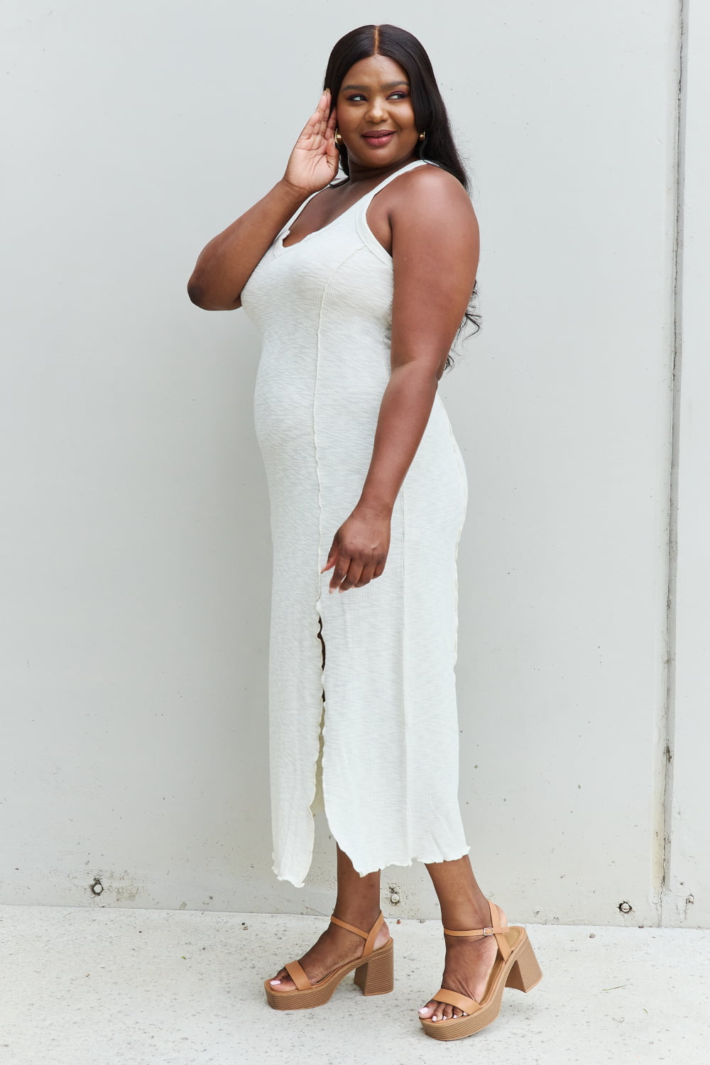 Culture Code Look At Me Full Size Notch Neck Maxi Dress with Slit in Ivory