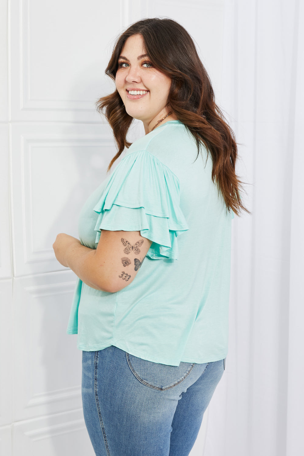 Culture Code Mi Amor Full Size Round Neck Ruffle Sleeve Top in Blue