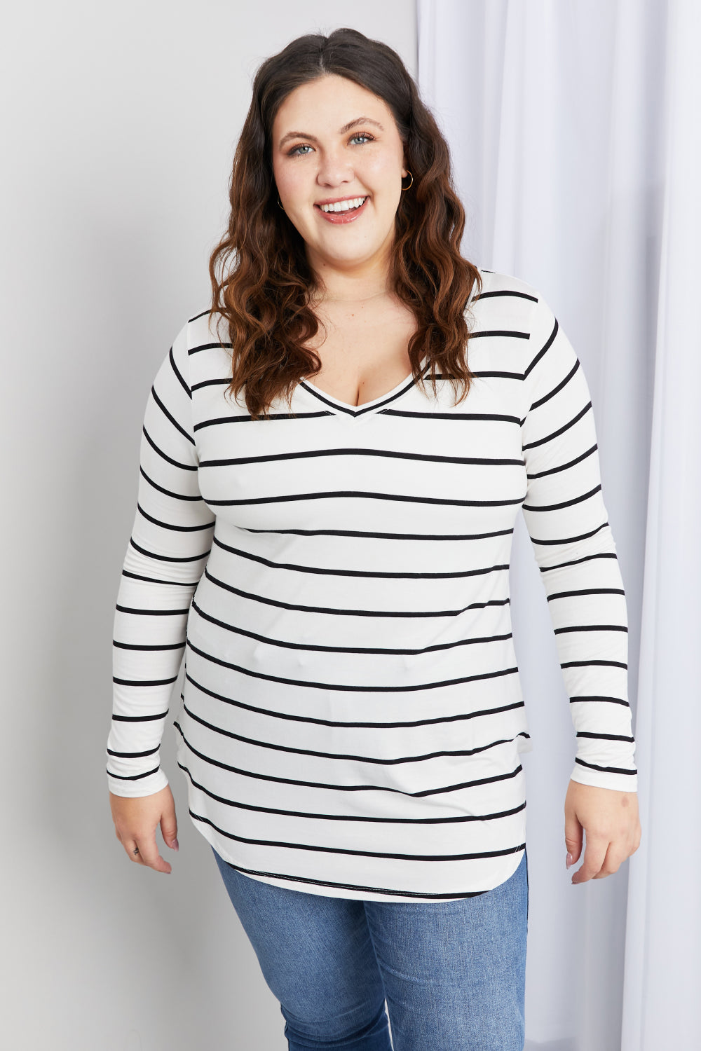 Zenana Striped V-Neck Long Sleeve Top