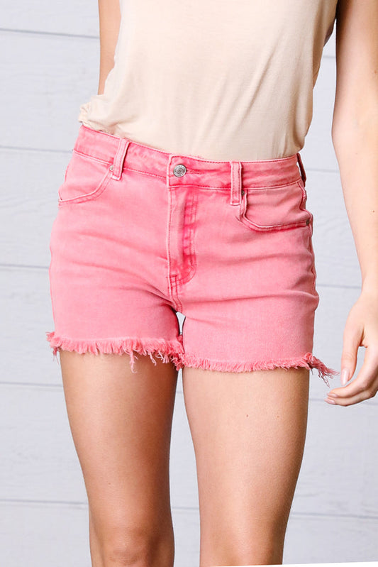 Ash Rose Denim Button Enclosure Frayed Hem Shorts