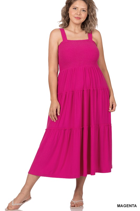 Smocked Tiered Midi Dress: 1X-3X